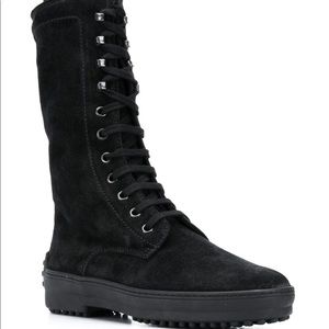 Tod’s Lace Up Calf Length Black Suede Boot